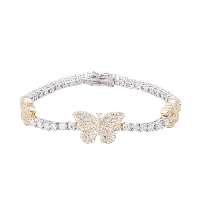 3mm Baguette Tennis Butterfly VVS D Moissanite Bracelet – 925 Sterling Silver, 14K Yellow Gold Finish