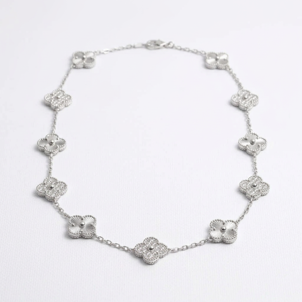 Clover Leaf Moissanite Necklace – 925 Sterling Silver, 14K Yellow Gold Finish, view 2