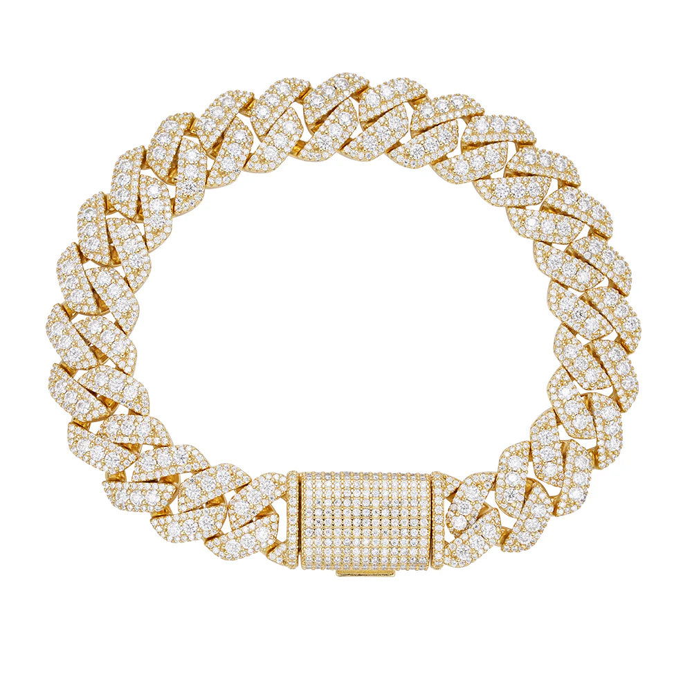 12mm Miami Cuban VVS D Moissanite Bracelet – 925 Sterling Silver, 14K Yellow Gold Finish