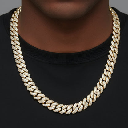 12mm Miami Cuban VVS D Moissanite Chain – 925 Sterling Silver, 14K Yellow Gold Finish, view 2