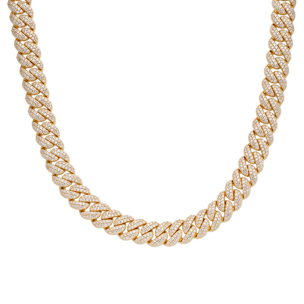 12mm Miami Cuban VVS D Moissanite Chain – 925 Sterling Silver, 14K Yellow Gold Finish