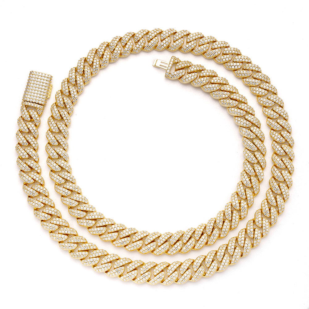 12mm Miami Cuban VVS D Moissanite Chain – 925 Sterling Silver, 14K Yellow Gold Finish, view 3