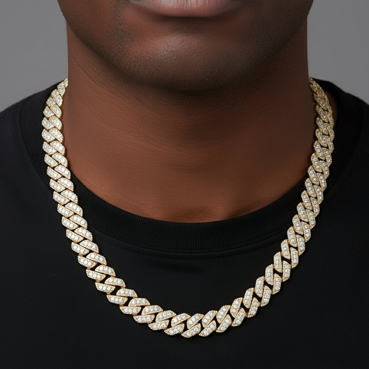 14mm Miami Cuban VVS D Moissanite Chain 34 CTW – 925 Sterling Silver, 14K Yellow Gold Finish, view 2