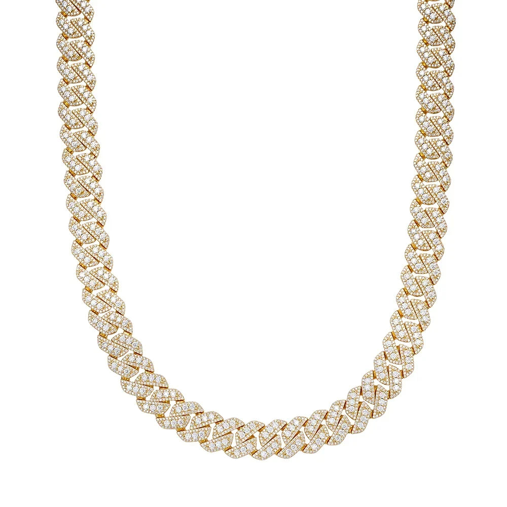 14mm Miami Cuban VVS D Moissanite Chain 34 CTW – 925 Sterling Silver, 14K Yellow Gold Finish