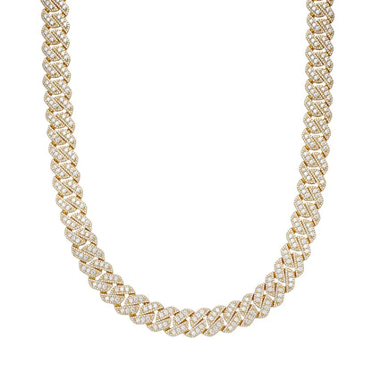 14mm Miami Cuban VVS D Moissanite Chain 34 CTW – 925 Sterling Silver, 14K Yellow Gold Finish