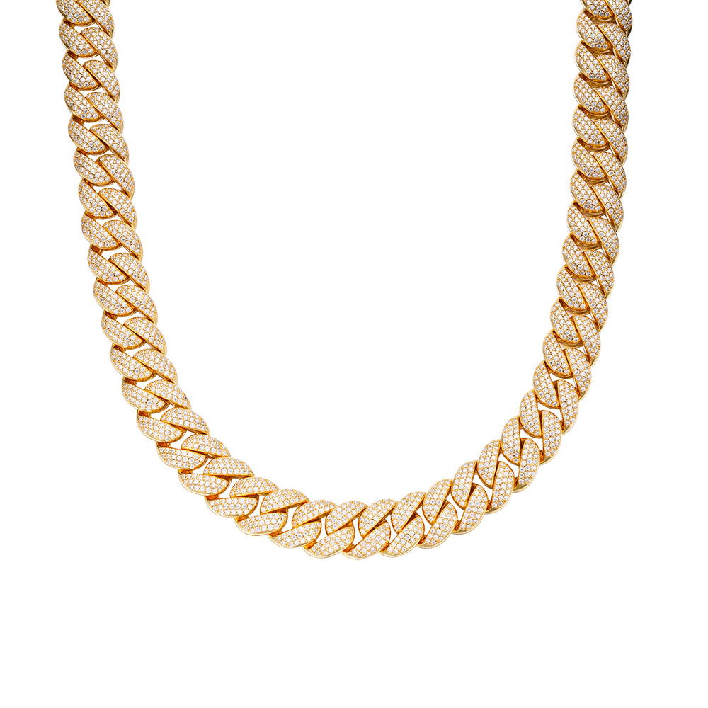 15mm Miami Cuban VVS D Moissanite Chain – 925 Sterling Silver, 14K Yellow Gold Finish