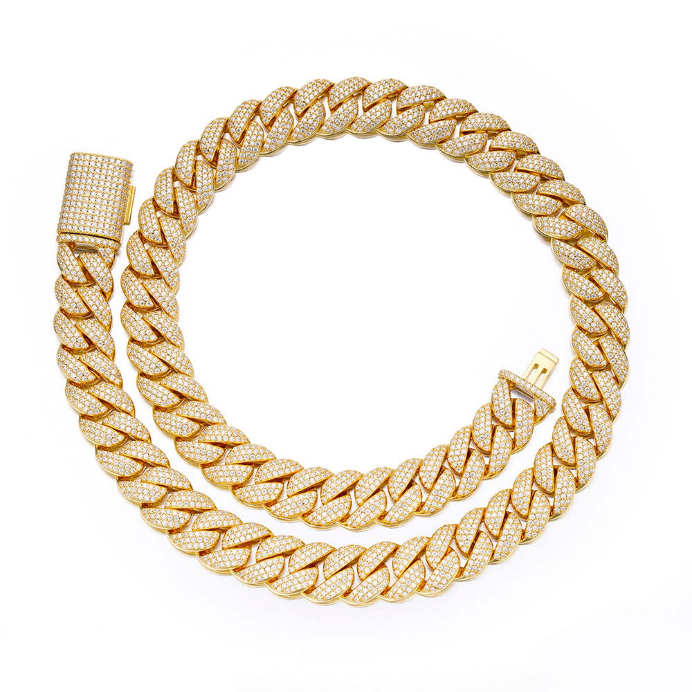 15mm Miami Cuban VVS D Moissanite Chain – 925 Sterling Silver, 14K Yellow Gold Finish, view 3