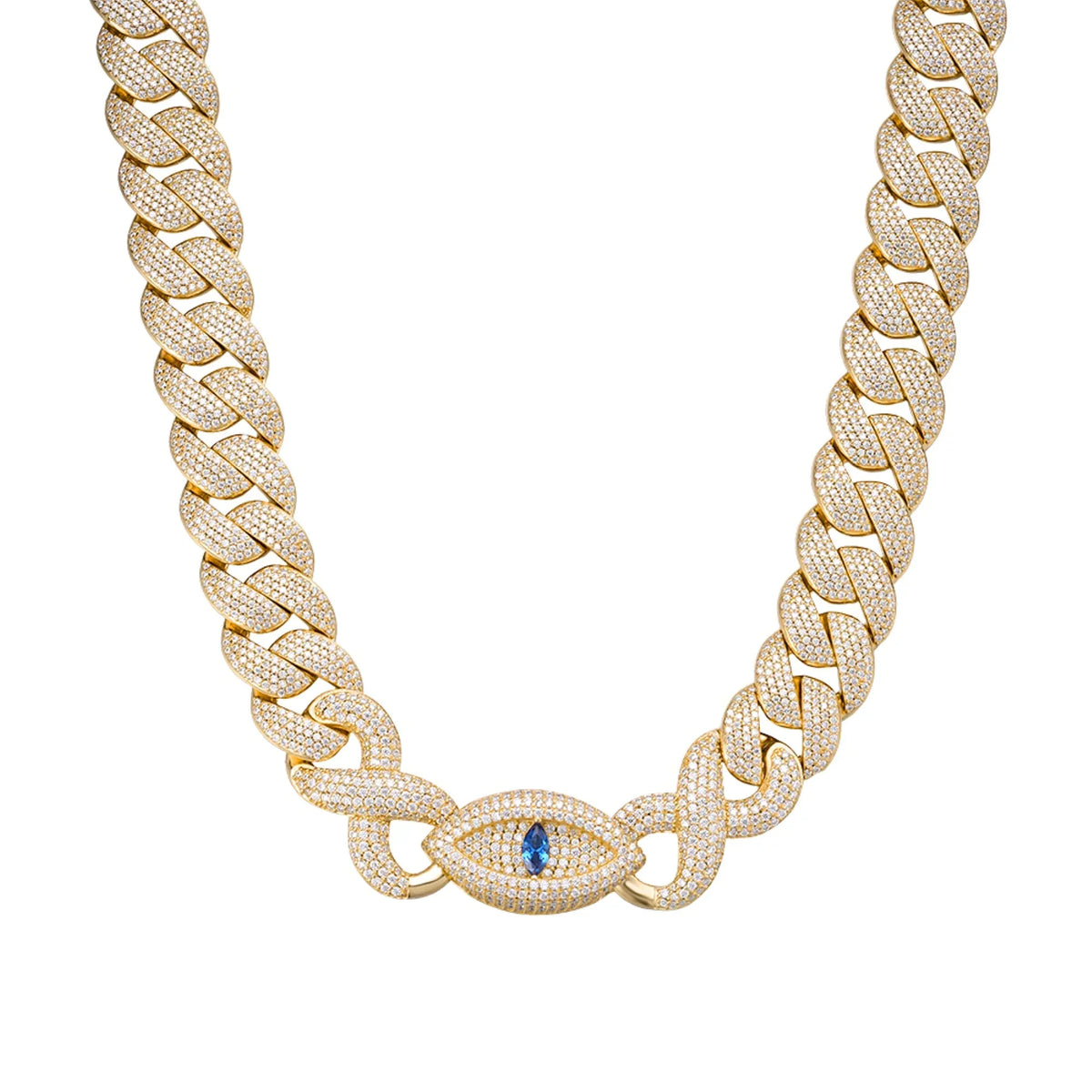 18mm Evil Eye Infinity Cuban Moissanite Chain – 925 Sterling Silver, 14K Yellow Gold Finish