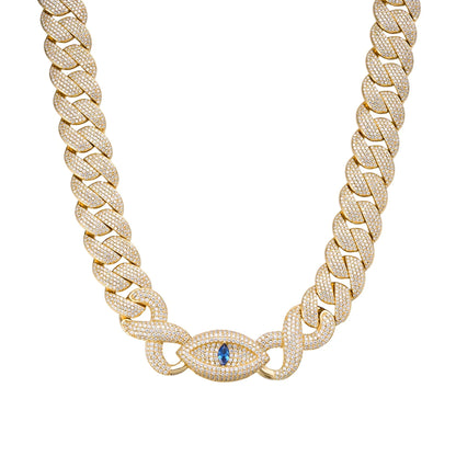 18mm Evil Eye Infinity Cuban Moissanite Chain – 925 Sterling Silver, 14K Yellow Gold Finish