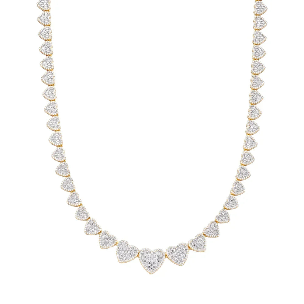 Women's 8mm Heart Link VVS D Moissanite Necklace – 925 Sterling Silver, 14K Yellow Gold Finish