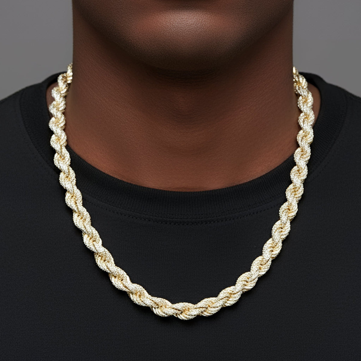7mm Moissanite Rope Chain 15.75 CTW – 925 Sterling Silver, 14K Yellow Gold Finish, view 2