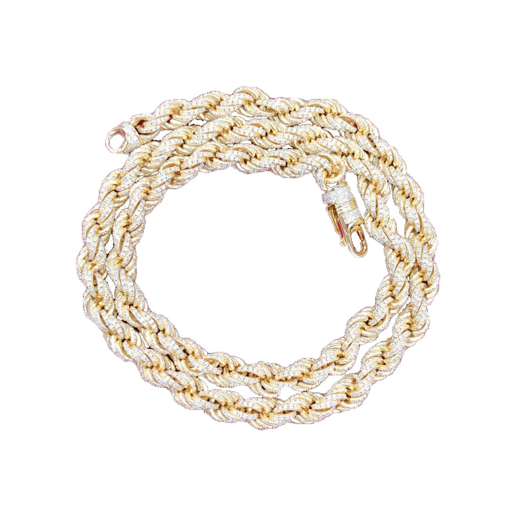 7mm Moissanite Rope Chain 15.75 CTW – 925 Sterling Silver, 14K Yellow Gold Finish