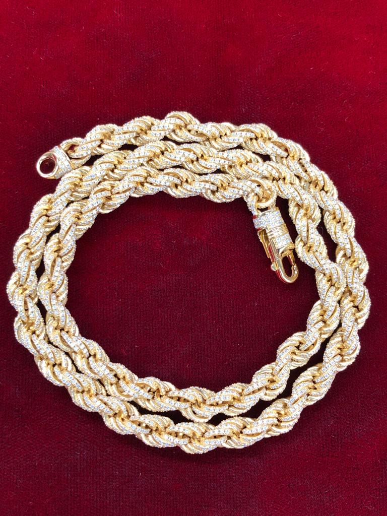 7mm Moissanite Rope Chain 15.75 CTW – 925 Sterling Silver, 14K Yellow Gold Finish, view 3