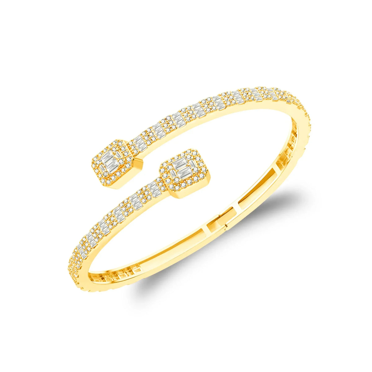 Women's Square Bypass VVS D Moissanite Bangle Bracelet – 925 Sterling Silver, 14K Yellow Gold Finish