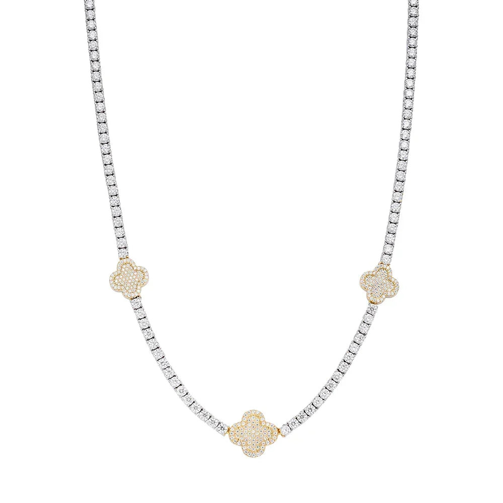 Women's Tennis & Clover VVS D Moissanite Necklace – 925 Sterling Silver, 14K Yellow Gold Finish