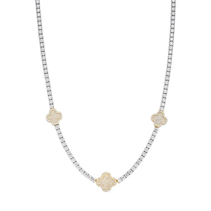 Women's Tennis & Clover VVS D Moissanite Necklace – 925 Sterling Silver, 14K Yellow Gold Finish