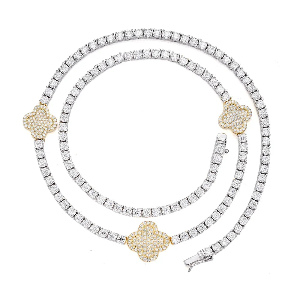 Women's Tennis & Clover VVS D Moissanite Necklace – 925 Sterling Silver, 14K Yellow Gold Finish, view 2
